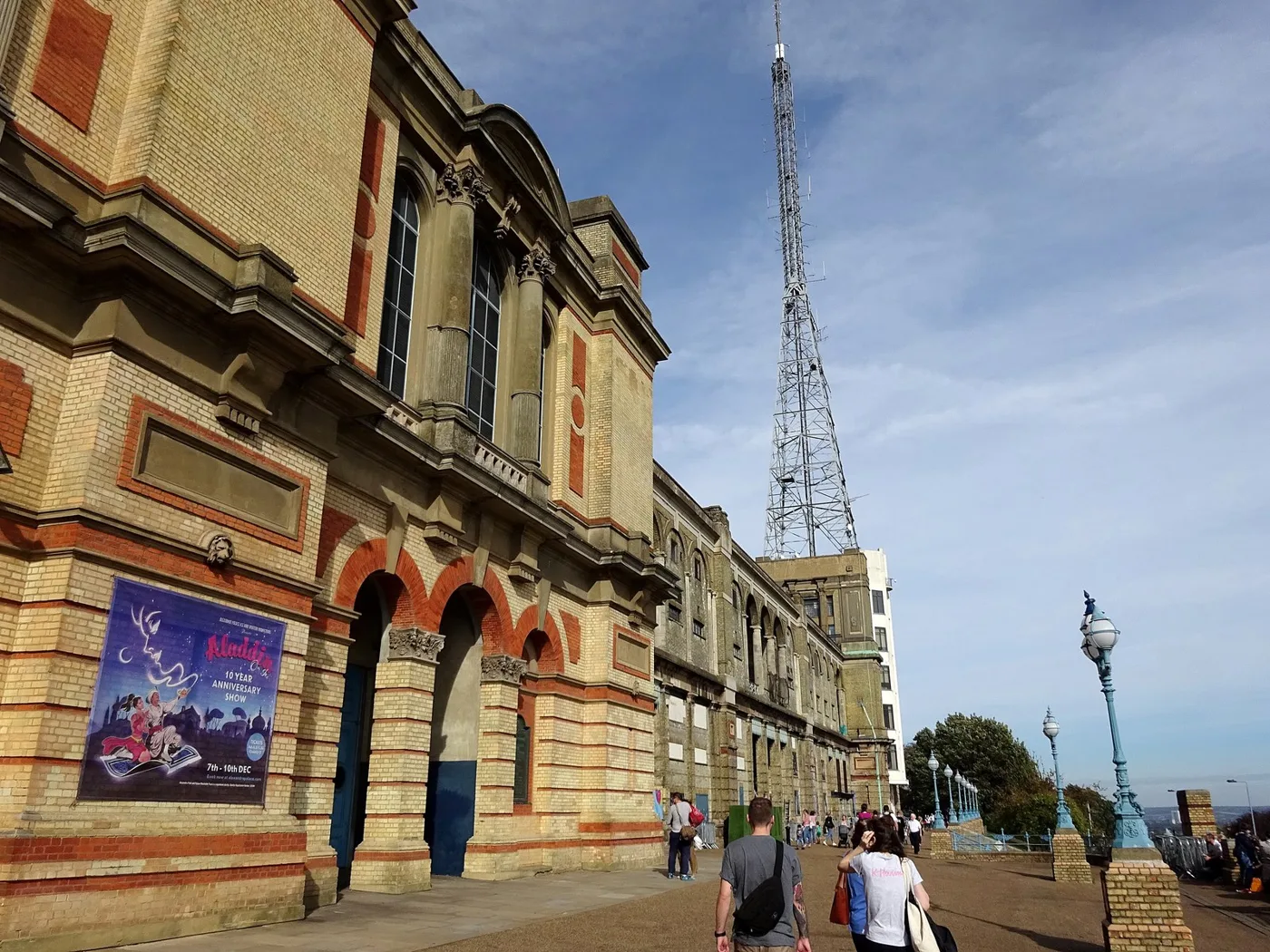 The south front of Alexandra Palace with the BBC television transmitter mast behind it