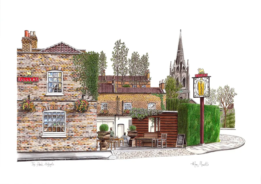 Colour drawing of a brick pub with a hanging sign, a garden and a church spire behind