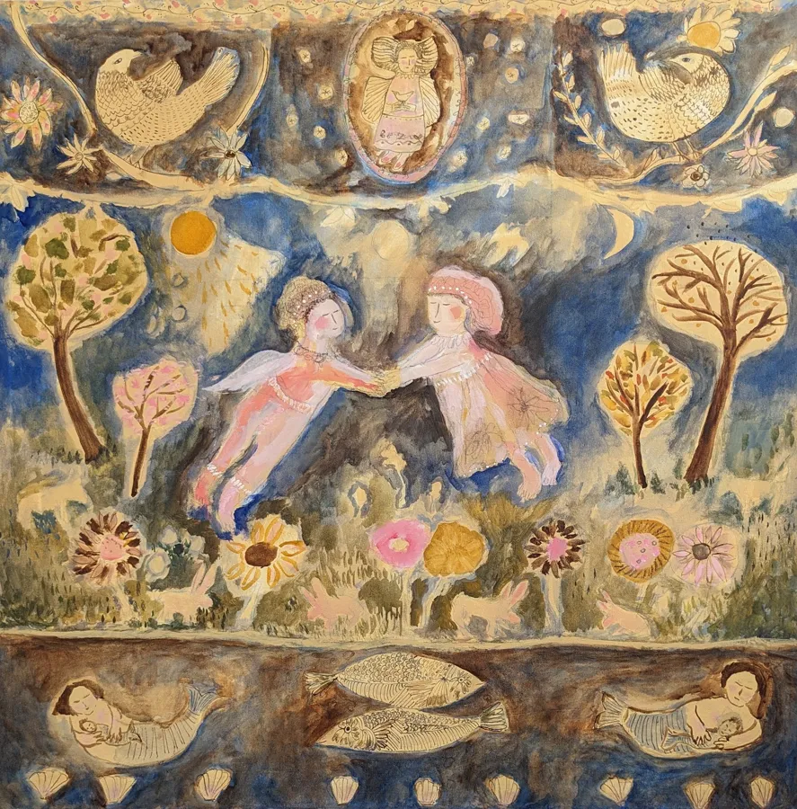Folk-style painting of two figures among stylised trees, flowers and sleeping animals