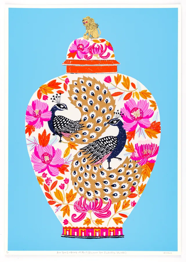 Print of a ginger jar decorated with peacocks and pink flowers on a pale blue ground