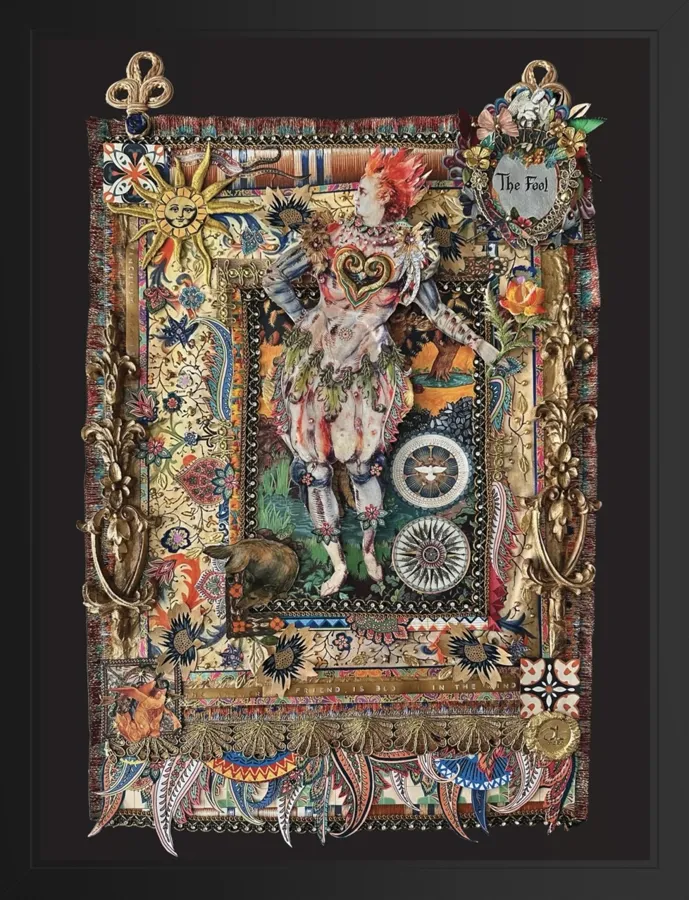 Densely layered collage of figures, wheels and ornament on a dark ground