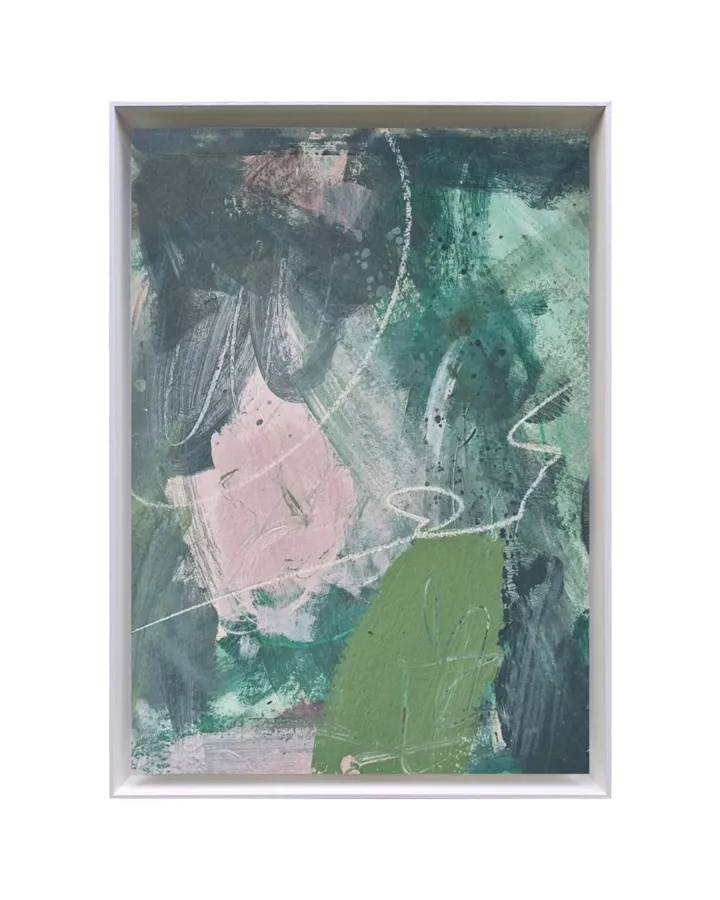 Framed abstract in greens and pinks