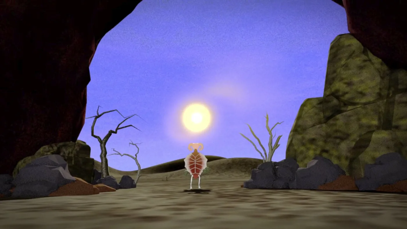 Animated still of a small figure standing on a rocky landscape under a purple sky with a low sun